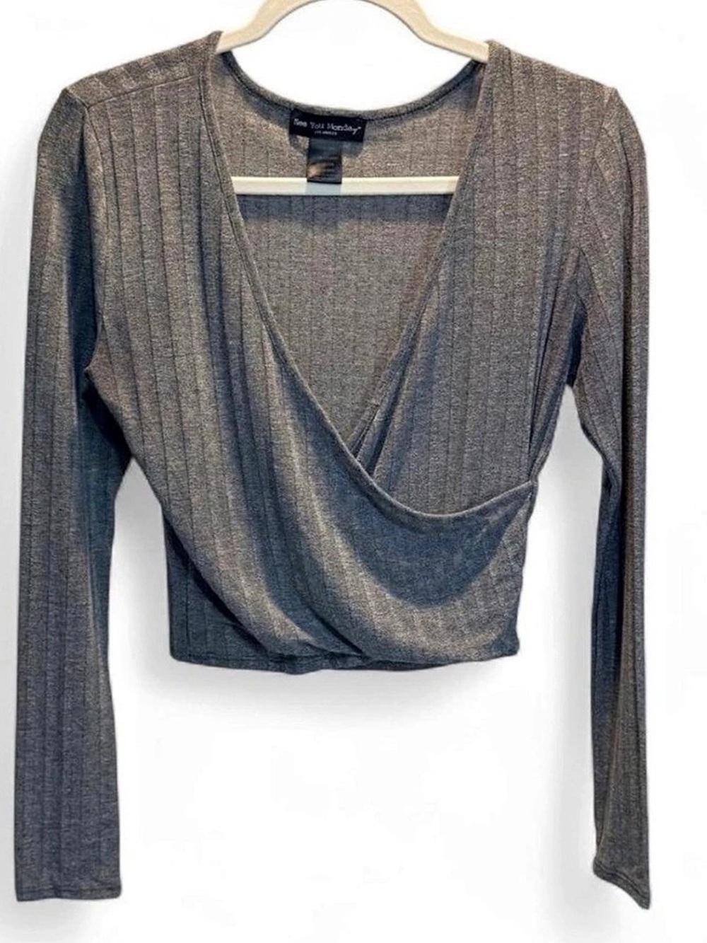 See You Monday Grey Ribbed Faux Wrap Long Sleeve Crop Top Size Large